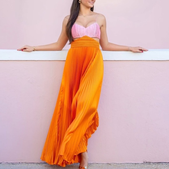 AMUR Elodie Satin Colorblock Pleated Gown - Picture 2 of 12